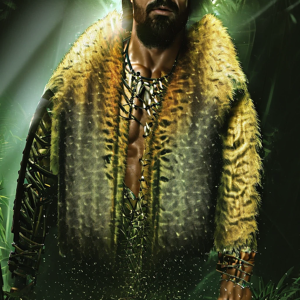 a man walking in a jungle, realistic ,8k, masterpiece,1boy, male focus, solo, facial hair, black hair, muscular, beard, holding, weapon, abs, manly, necklace, mustache