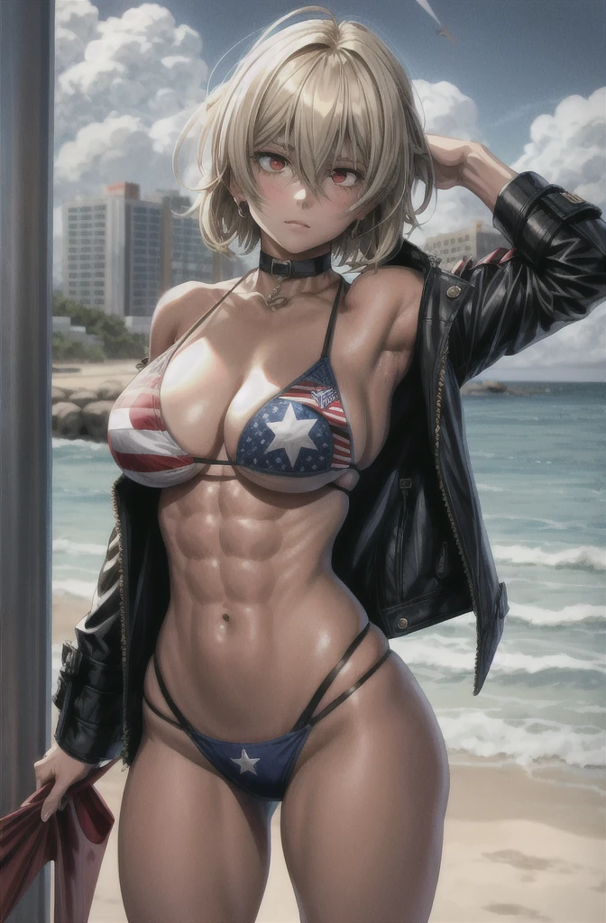 score_9, score_8_up, score_7_up, hellsing,, Seras_victoria, 1girl, solo, outdoors, beach, flag bikini, american flag bikini, American flag, tomboy, shy, blush, gyaru, standing, choker, looking to the side,muscular:1.5,muscle