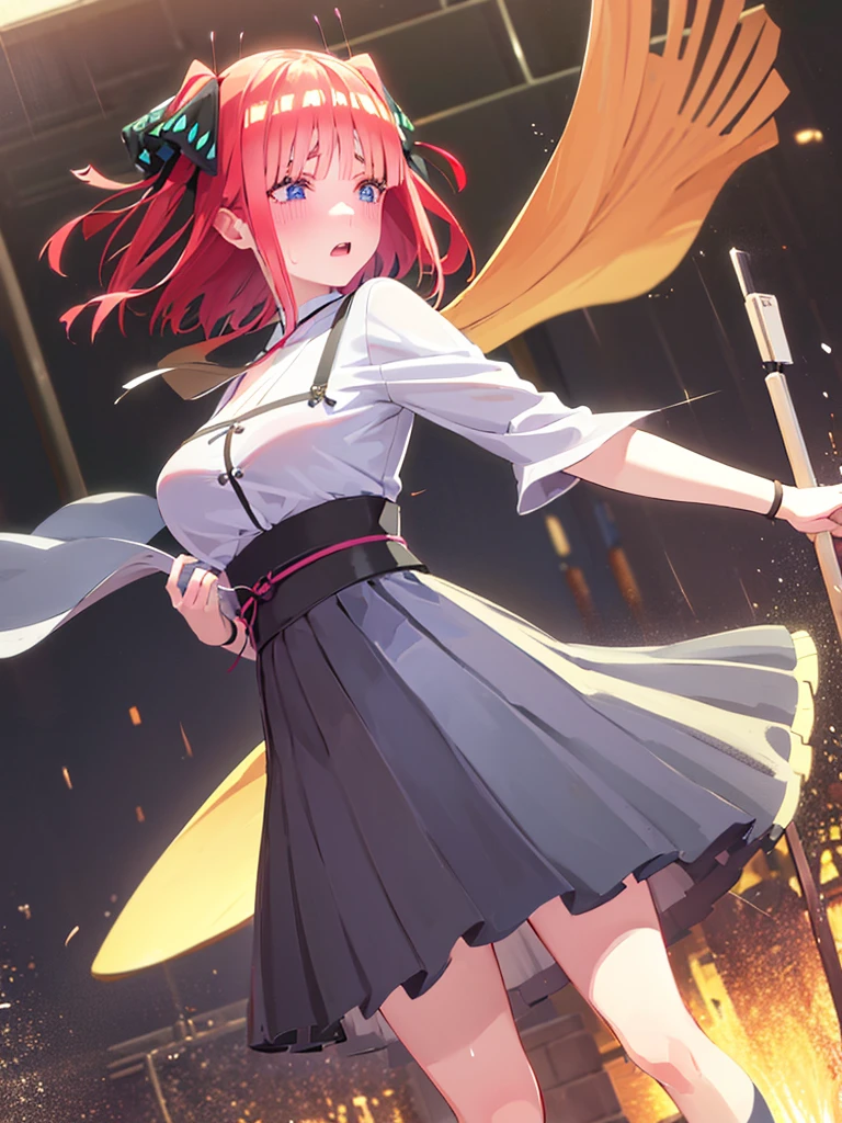 Nino nanaco、short hair, Twin tails、Pink Hair、 blue eyes, hair ornaments, Hair Ribbon, blunt , Both sides up, butterfly hair ornaments, skirt, No sleeve、Random color see-through kunoichi costume、Japanese see-through female samurai costume、See-through female ninja costume,, Open clothes, Collared dress emphasizes cleavage、胸の谷間のSweat is noticeable、Professional lighting light reflection、 looking at viewer, (masterpiece:1.2), Highest quality, High resolution, unity 8k wallpaper, (figure:0.8), (Beautiful fine details:1.6), Highly detailed face, Perfect lighting, Highly detailed CG, (Perfect hands, Perfect ???????),heavy rain、heavy rainで全身びしょ濡れ、heavy rainで全身びしょ濡れの服、High heels、 ((Perfect handsの形))、(Perfect foot shape、Embarrassed expression、blush、Gestures to seduce a man、Shining Sweat、Perfect Skin,Sweat is noticeable、太もものSweat is noticeable、 Fair skin,Tight waist, Sweating profusely、Sweaty hair、Sweaty clothes、Sweaty、Visible sweat、rain-wet hair、A vast Western church with stained glass windows