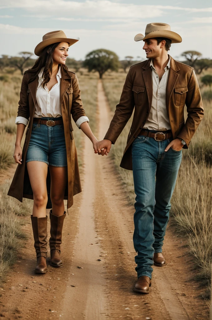 A couple holding hands, walking through the savannah, brunette girl 1.65m and 1 latin boy.95m, both in cowboy clothes