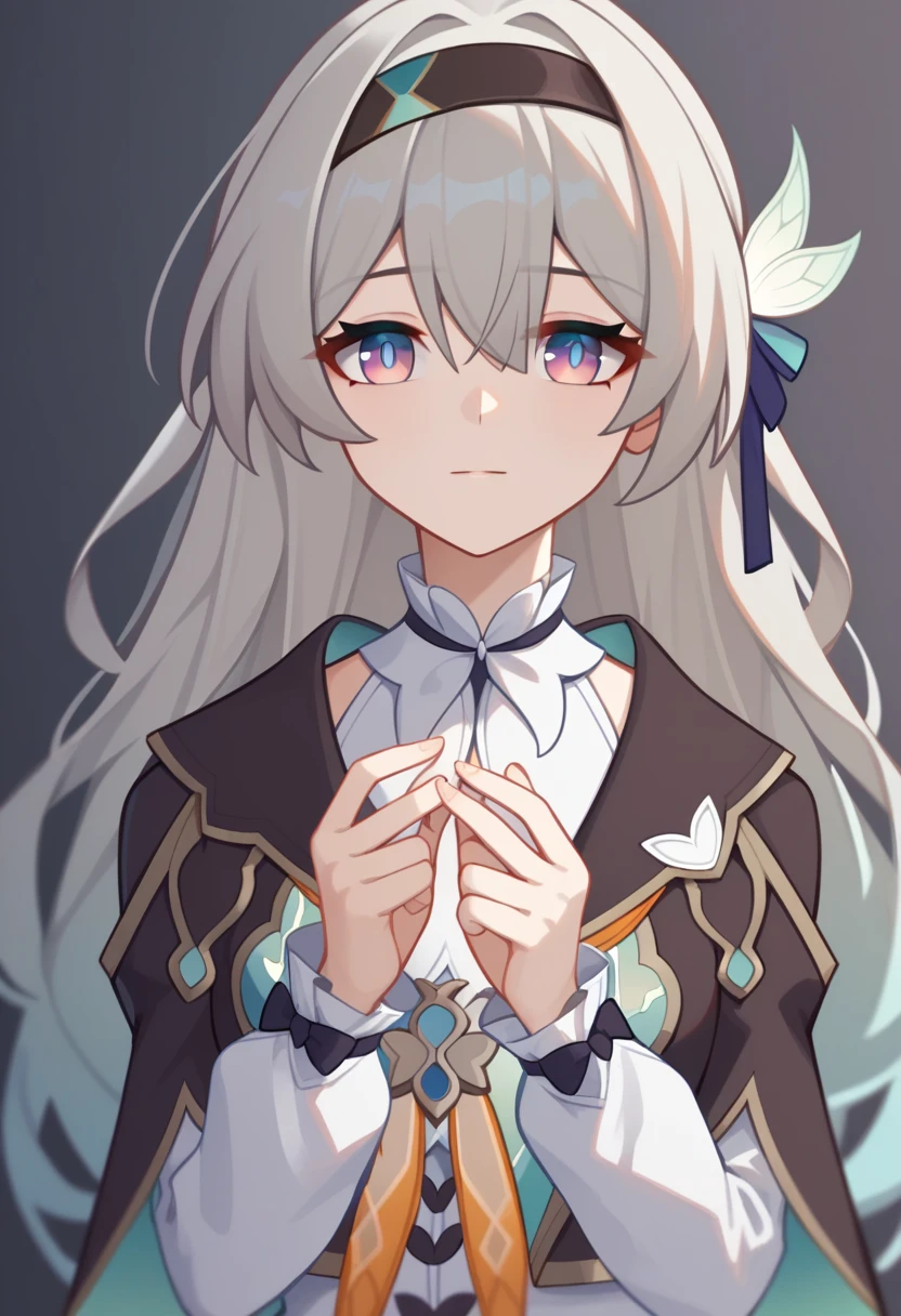 firefly_\(honkai:_star_rail\), 1girl, black_hairband, grey_hair, long_hair, purple_eyes, black_jacket, long_sleeves, hair_between_eyes, white_shirt, very_long_hair