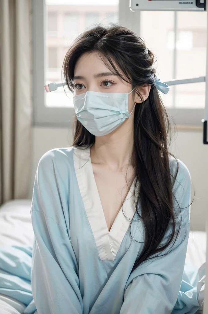 (((best quality))),(((ultra detailed))),(((masterpiece))),illustration,1girl,solo,slim,fragile,beauty,light blue hospital gown,surgical bed,hospital operating room,contraceptive coil removal,anxiety,anticipation,long flowing hair,almond-shaped eyes,fair complexion,soft color,slender figure,tidy bow,sterile equipment,metal bed frames,healthcare professional,scrubs,surgical mask