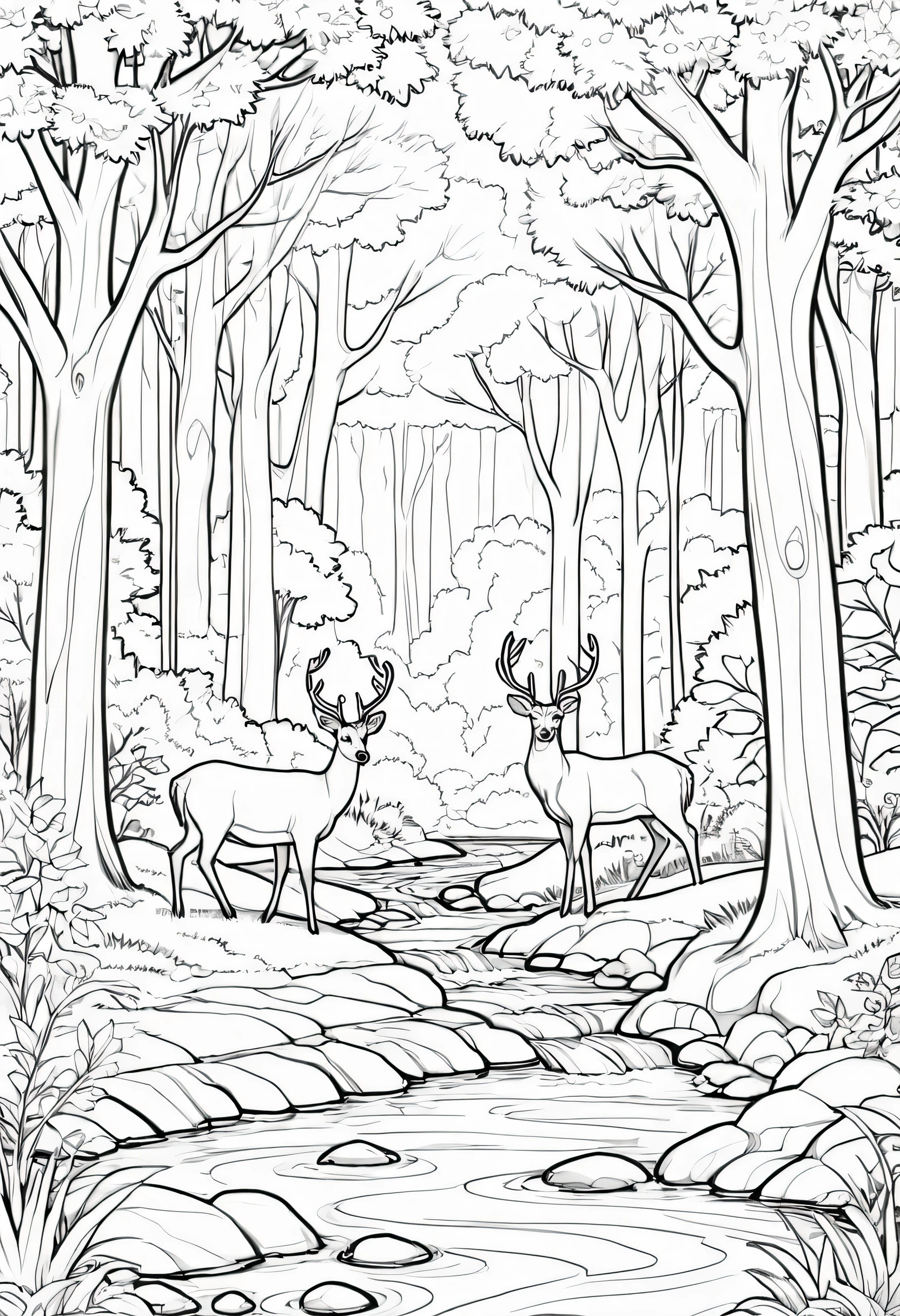 Coloring page of a forest with majestic, majestic trees through which a gentle stream flows. Include animals such as deer and birds to enhance the peaceful scene. The lines should be thick and clear, solid black lines or bold lines.