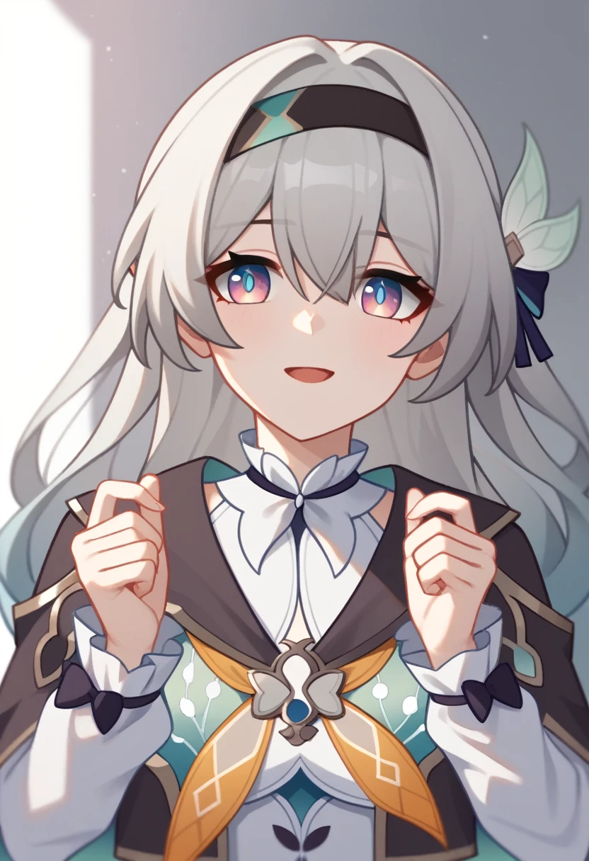 firefly_\(honkai:_star_rail\), 1girl, black_hairband, grey_hair, long_hair, purple_eyes, black_jacket, long_sleeves, hair_between_eyes, white_shirt, very_long_hair