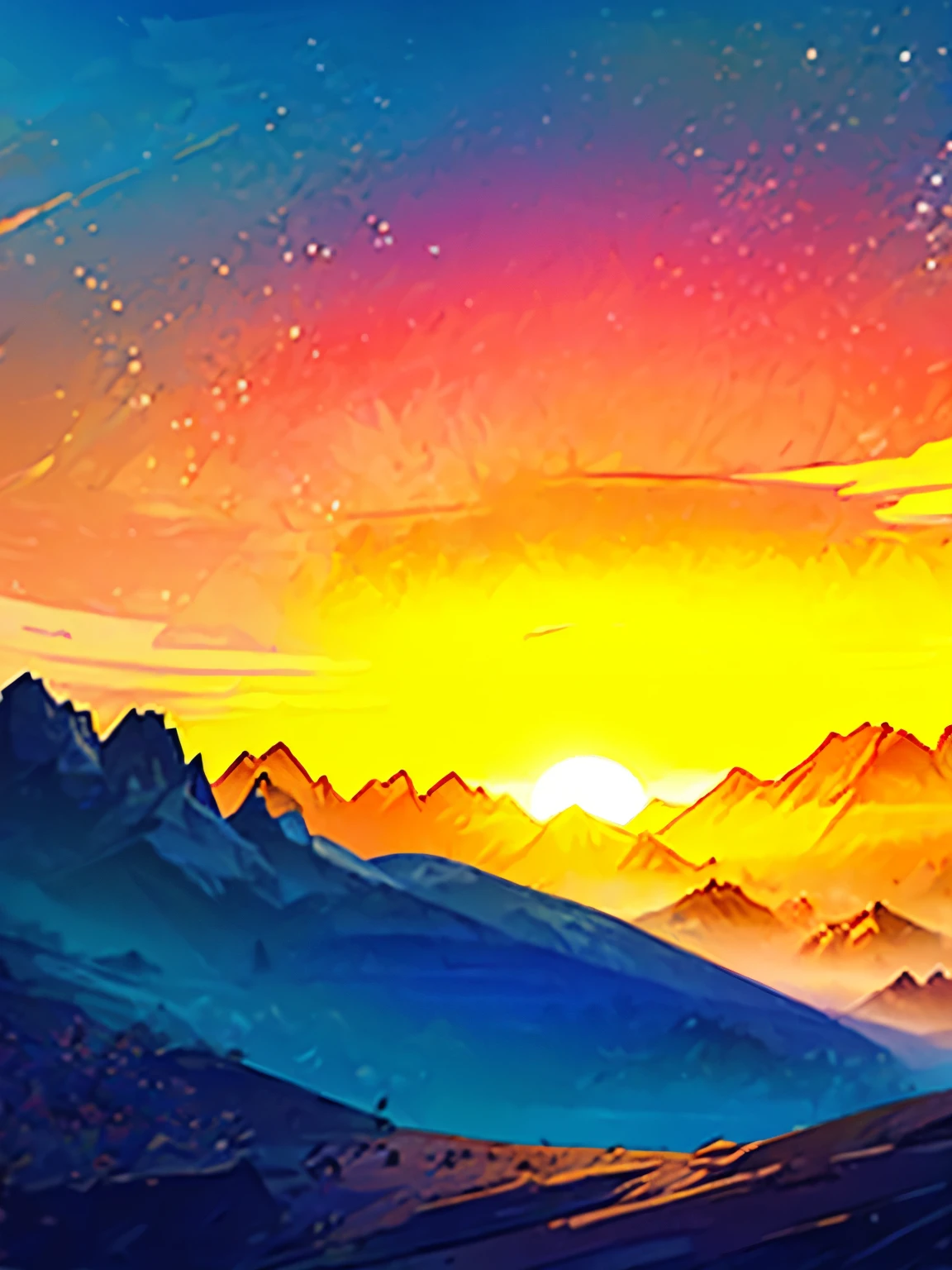 Digital animation art drawing of a wide low-fi scene,mountain peak,A huge sunrise can be seen in the distance, Beautiful sky,Clouds disperse from the sun, The beauty of nature, vibrant hues, masterpiece, Shocking scene,Spectacular sunrise,
