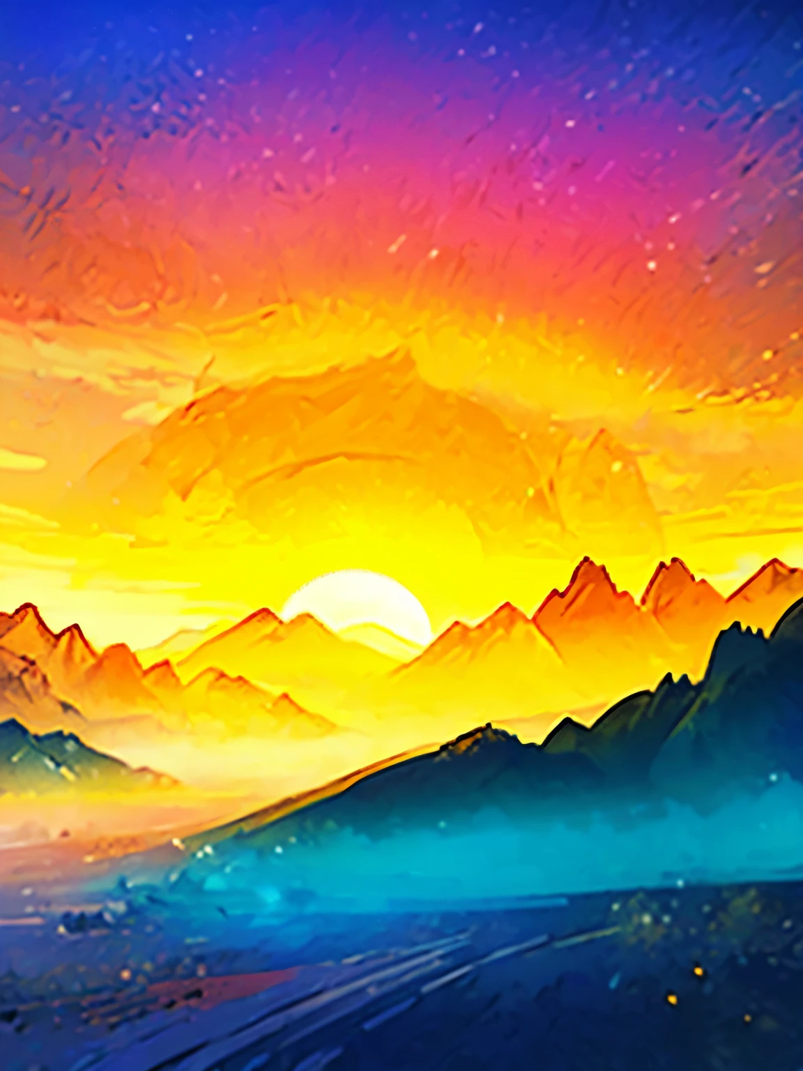 Digital animation art drawing of a wide low-fi scene,mountain peak,A huge sunrise can be seen in the distance, Beautiful sky,Clouds disperse from the sun, The beauty of nature, vibrant hues, masterpiece, Shocking scene,Spectacular sunrise,