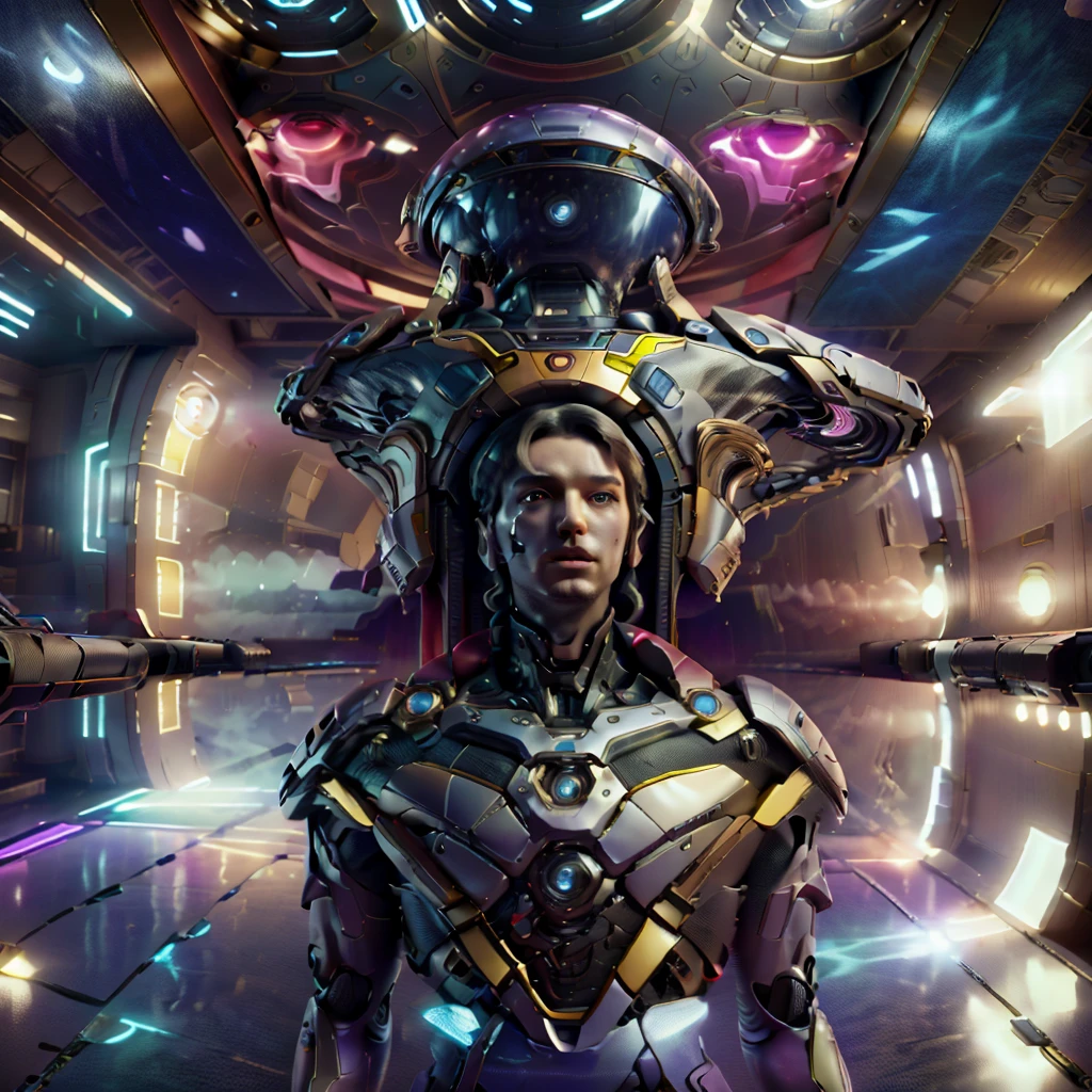 A male protagonist looks up from the large floor-to-ceiling windows of a super-tall skyscraper,Seeing the colors of happiness outside, futuristic city,Many people have pets, Different luxury cars, there are different types of people, Live together, There is a male protagonist
