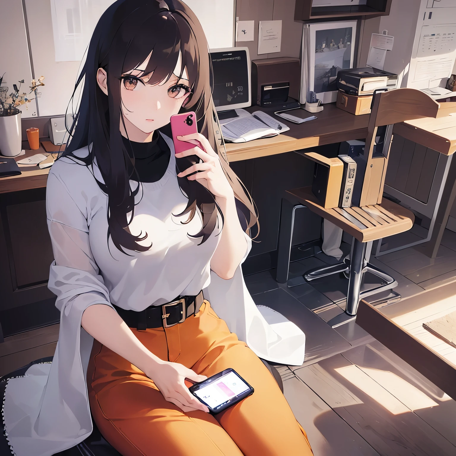 (talking on the smartphone:1.5),(handling_smart_phone, smart_phone:1.2)、(looking away:1.5), Realistic, real person, (pale skin: 1.2), RAW photo, photorealistic, shiny skin, shiny hair、(A 35-year-old woman with medium-length hair and bangs) and (wavy hair) and (brown hair) and (Orange Eyes) , Serious expression、alone,The background is the room、Sitting