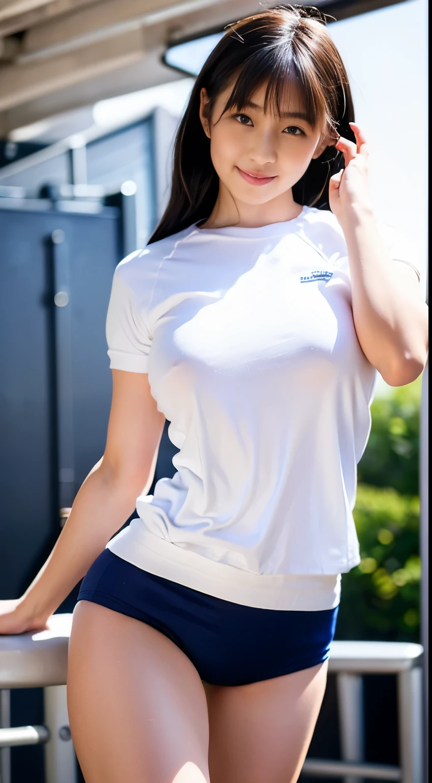 Portrait from head to knee、alone、high school girl、White skin、Natural Makeup、Black Hair、bangs、Straight Long Hair、((School-designated gym clothes))、((The upper body is a white short-sleeved gym uniform))、((Long white gym clothes))、(((Very tight bloomers)))、(((Low-rise bloomers)))、(((Navy Bloomer)))、(((Tuck the bottom of your gym clothes into your bloomers)))、Big Breasts、No bra、Big Ass、(((Schoolyard)))、((Realistic fingers))