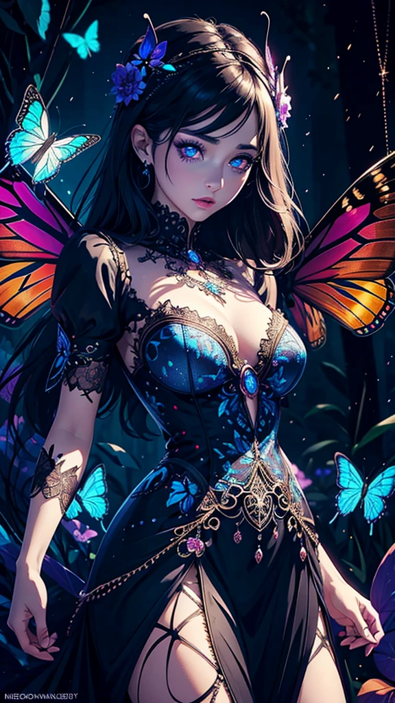 a colorful butterfly, intricate clockwork, glowing spider web, night light, 1girl, beautiful detailed eyes, beautiful detailed lips, extremely detailed face and eyes, long eyelashes, elegant dress, portrait, fantasy, vibrant colors, cinematic lighting, dramatic shadows, award winning digital art, masterpiece, ultra-detailed, 8k, photorealistic