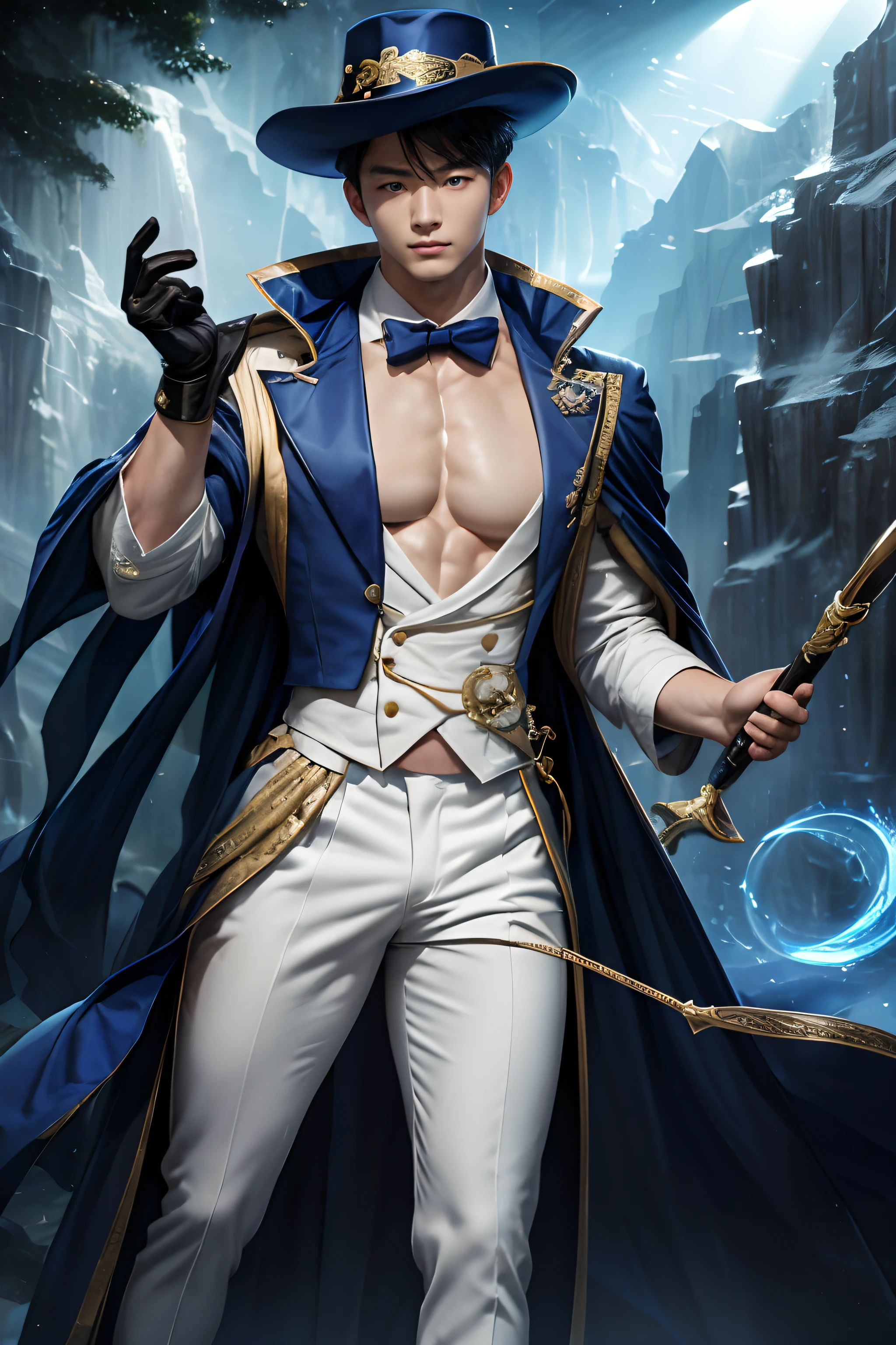 1 Korean Man, 25, alone, Masterpiece, perfect face, muscular body, full body, (bare chest), (bare chest), muscular chest, abdomen, Detailed tail shirt, monocle, have, short hair, beautiful blue eyes, perfect hand, glove, ท่าทางที่เข้มงวดและhaveชีวิตชีวา, employee, Nardak, magic city background, with magic circle, background radiation