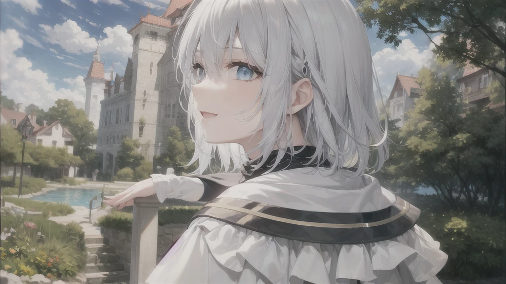 Her eyes were shining、Mysterious and enchanting atmosphere。With AI Painting、とてもShort Hair, Long bangs between the eyes, Grey Eyes , Very detailed,(masterpiece、Highest quality)、alone、Gray Hair、Fantasy, Silver Hair, Beautiful Eyes,Ecstasy, charm, attract the audience, Fantasyな風景、White shirt、smile、Open your mouth、Scarf、short hair、Short Hair、hairpin、Dark Eyes、Anime Eyes、Beautiful eyes、Eyes written in detail