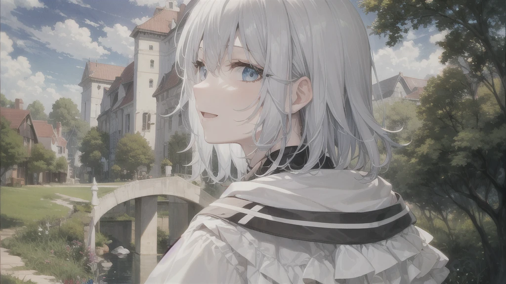 Her eyes were shining、Mysterious and enchanting atmosphere。With AI Painting、とてもShort Hair, Long bangs between the eyes, Grey Eyes , Very detailed,(masterpiece、Highest quality)、alone、Gray Hair、Fantasy, Silver Hair, Beautiful Eyes,Ecstasy, charm, attract the audience, Fantasyな風景、White shirt、smile、Open your mouth、Scarf、short hair、Short Hair、hairpin、Dark Eyes、Anime Eyes、Beautiful eyes、Eyes written in detail