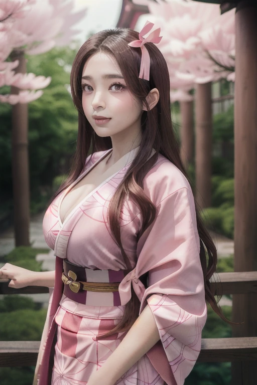 Masterpiece, best quality, high resolution, venus1,1girl, solo, Tsuko Kamato, bamboo, brown hair, (((pink ribbon)) checkered belt, gag, gag, gradient hair, haori, japanese clothes, kimono, long hair, looking at the audience, pink eyes, pink kimono, pink ribbon, solo, perfect big breast