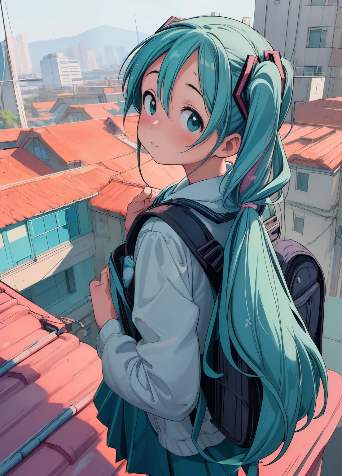 (masterpiece、Highest quality、Highest quality、Official Art、Beautiful and beautiful:1.2)、(One girl:1.3)Hatsune Miku、Twin tails,Beautiful breasts,Standing on the roof,Girl with backpack on rooftop,My backpack is full of happy spring,Simple lines,Minimalism,Abstraction,Urban Background