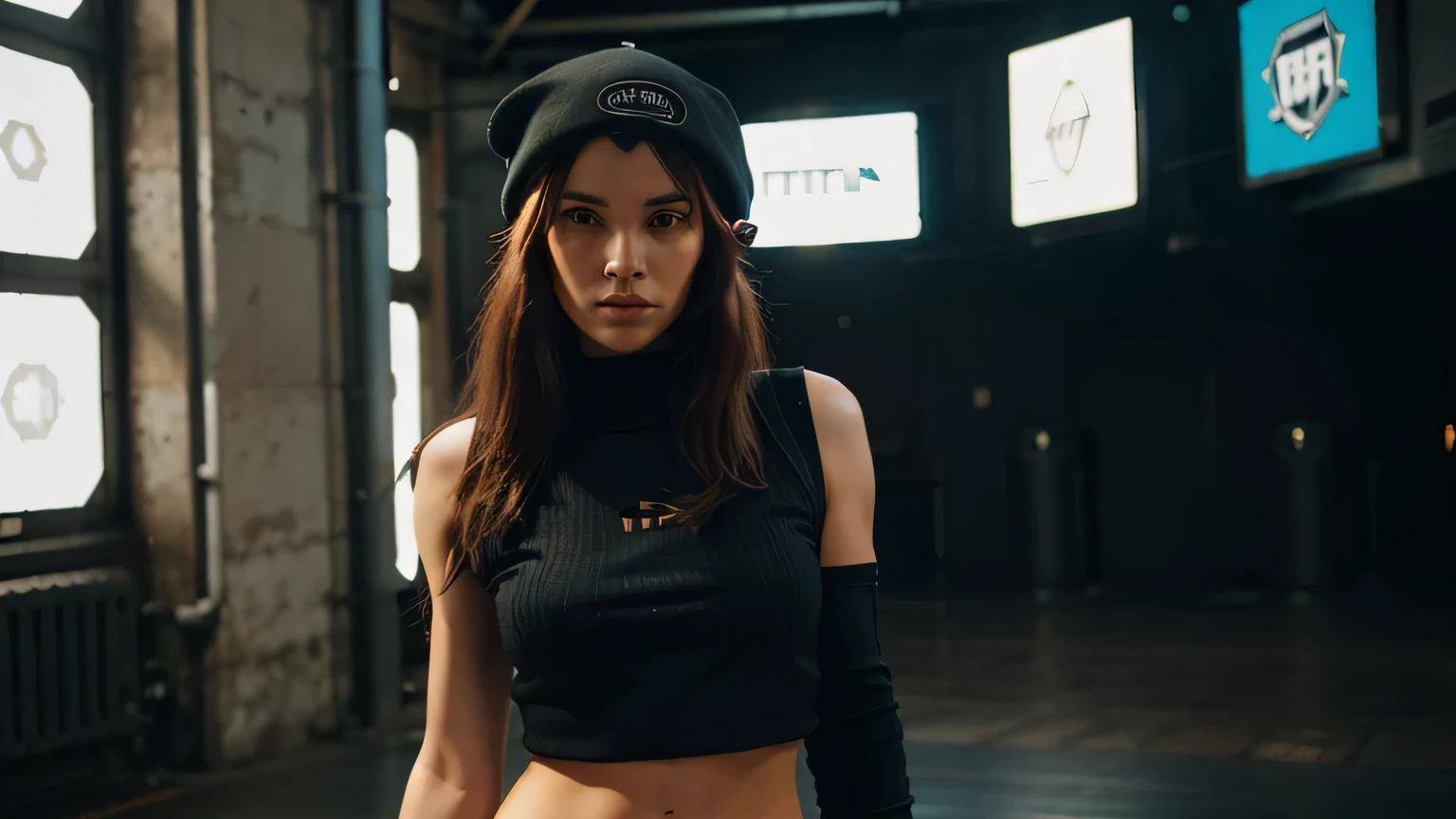Belle femme cheveux mi-longs, porter une casquette, vêtements courts de style cyberpunk