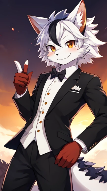 anime character with a snake in his hand and a suit on, from cryptid academia, commission for high res, pixiv, detailed fanart, as an anthropomorphic dragon, anthro dragon art, at pixiv, but as an anthropomorphic dragon, koda kazuma, top rated on pixiv, pixiv contest winner, black and white fur colour, fluffy fur,furry kemono,detailed art, furry dragon,dragon anime anthro, see to viewer, smile, happy face expression,furry dragon, smiling at the camera, hand position raising index and middle fingers, detail art, pixiv fanart