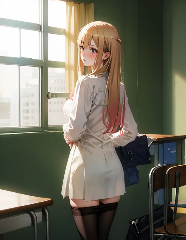 Pull down your panties、Leaning forward、Back view、Chestnut Hair、Semi-long hair、Blushing、lipstick、Perfect hands、Detailed hands、pantyhose pull,panty pull、classroom、School、blackboard、school uniform、日本の、