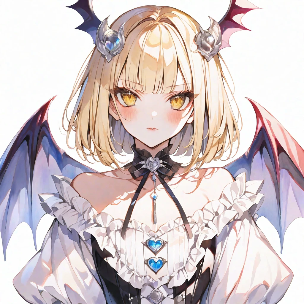 solo,handsome, Watercolor,
1. Female,
hime cut,Straight Hair,Bob Hair, 
blonde hair, nakano nino,
yellow Eyes, Lolita,succubus,devil ,
Sexy,
skin,Silver Accessories,Face up,İcon,
White background,