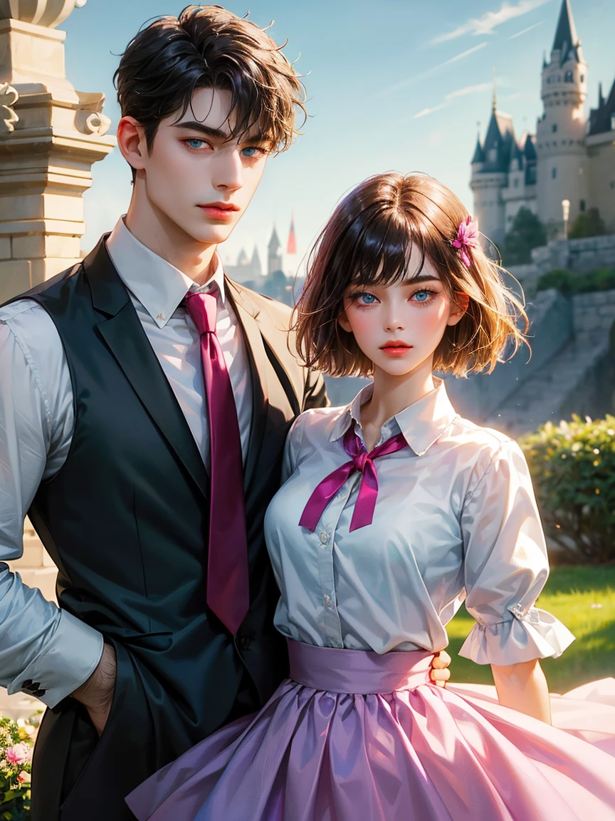 Couple, 1 girl 1 boy, different hair color, medium black hair with bangs and green eyes, white shirt with a fuchsia ribbon, a short fuchsia skirt, short blonde hair and (sky blue eyes). He wears a white shirt with a fuchsia tie, height different, detailed eyes, they look at the viewer. Background a castle