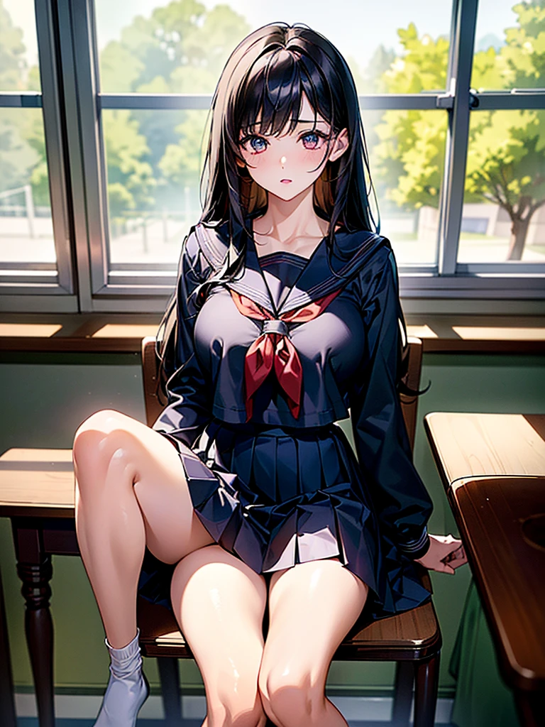 (masterpiece、Highest quality、High resolution、Highest quality、Realistic depiction)Created by Girl(whole body)、Long Black Hair、Beautiful Eyes、high school girl、Classroom after school、Showing her underwear from the front、Skirt lifted、Sailor suit、Big Breasts、Chest、M-shaped legs(Sit on a chair and open your legs to show your underwear)valley、Embarrassed