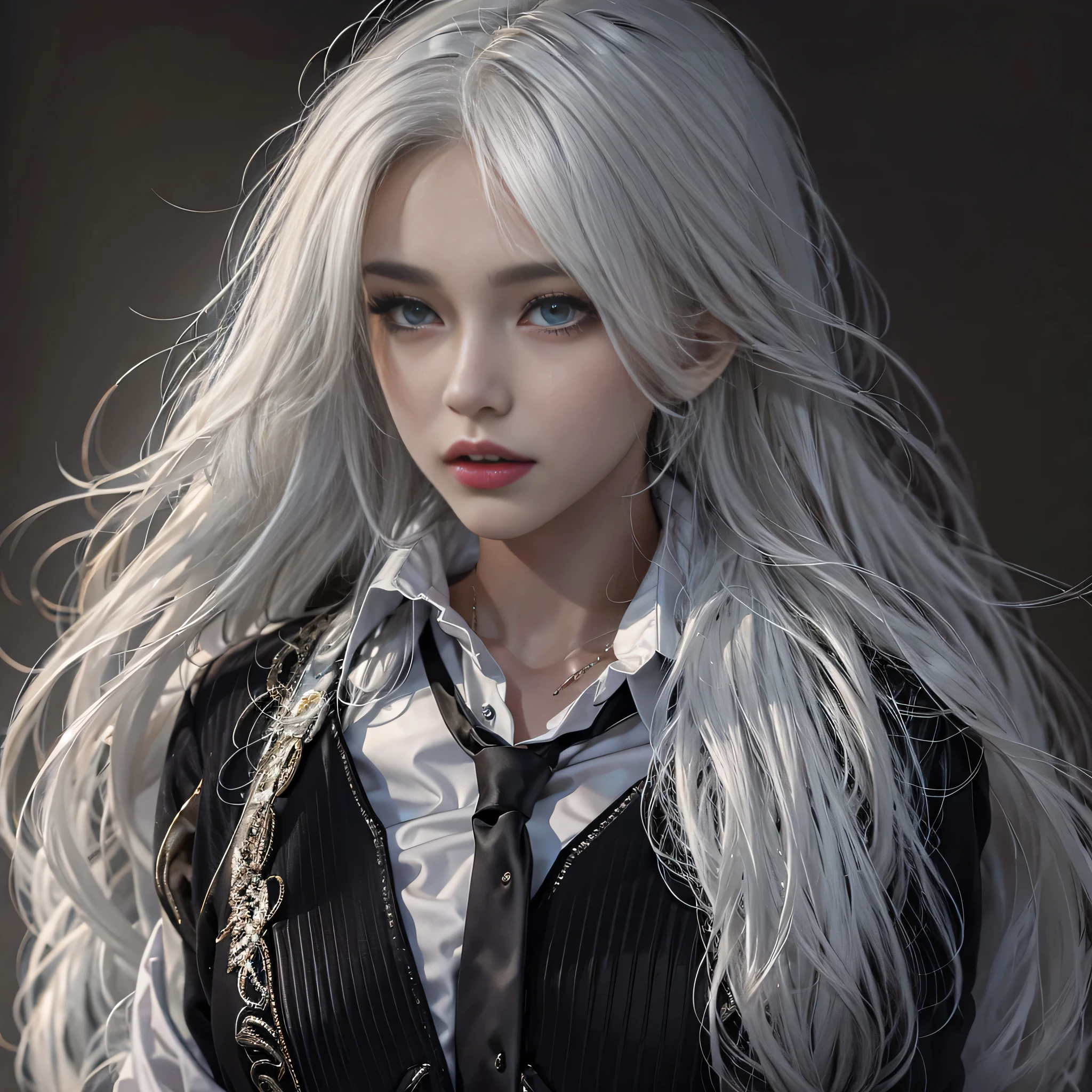Photorealistic, High resolution, 1 Women, Solo, hips up high, Beautiful eyes, Close lips, Detailed face, White hair, Long hair, Collared shirt, black necktie,Black skirt, pencil skirts, Fur coat, Black stockings