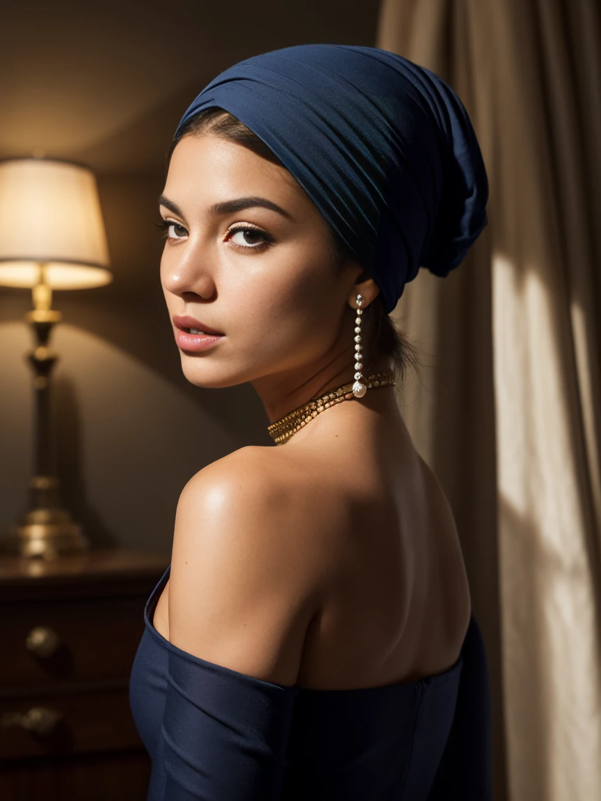 8K, ultra realistic photo, in the style of Mario Testino, photo of a teenage girl, bust shot, black uniform background, shoulders turned to the left of the frame, shown from three-quarters back, head rotated to the left revealing her face three-quarters front, looking at the viewer with sideways eyes, speaking to the viewer with slightly open, red and plump lips, head covered with an ultramarine blue turban, topped with a yellow fabric hanging down her back, wearing a pearl earring on the left ear, wearing a jacket with a white collar, heavy fabric with few folds, dark ochre or brown color, strong light from the left side, illuminating her face almost directly, varied shadows on her back and the back of her head, pearl earring reflecting light in the shadowed area