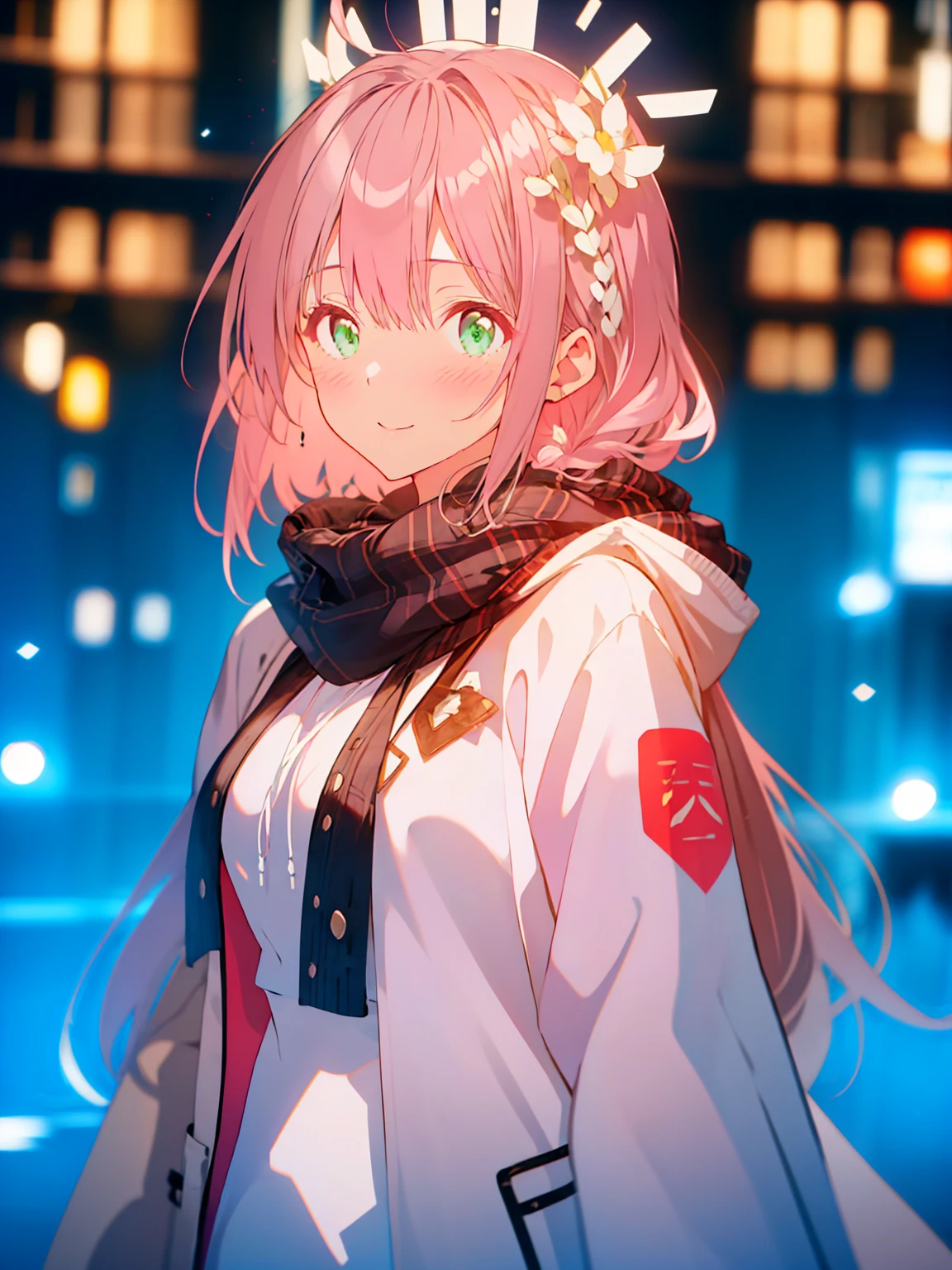 {{{{tmasterpiece}}}}, {{{ultra - detailed}}}, {{{A high resolution}}}, {{Good anatomy}}, (((Best quality at best))), ((Maximalism)),((Emerald eyes,with pink hair)),{{Extremely detailed and refined}}, {8k CG wallpaper}, {{illustratio,Get on camera,closeup of face,Face portrait}}, (long whitr hair|detailed hair|bluntbangs|shinny hair),((shirt coat: The white,plaid shirt,Outerwear with hoodie,brown knitted scarf)),proud face,Blushing with joy,girlfriend lens,(1 girl:1), Alone,little breast, (color difference:1.2)