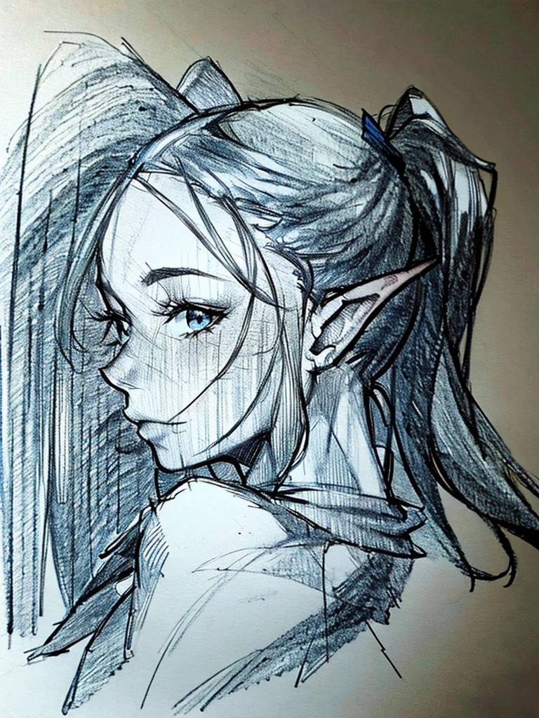 (blue pencil sketch:1.4), blue color, drawning, busty elf