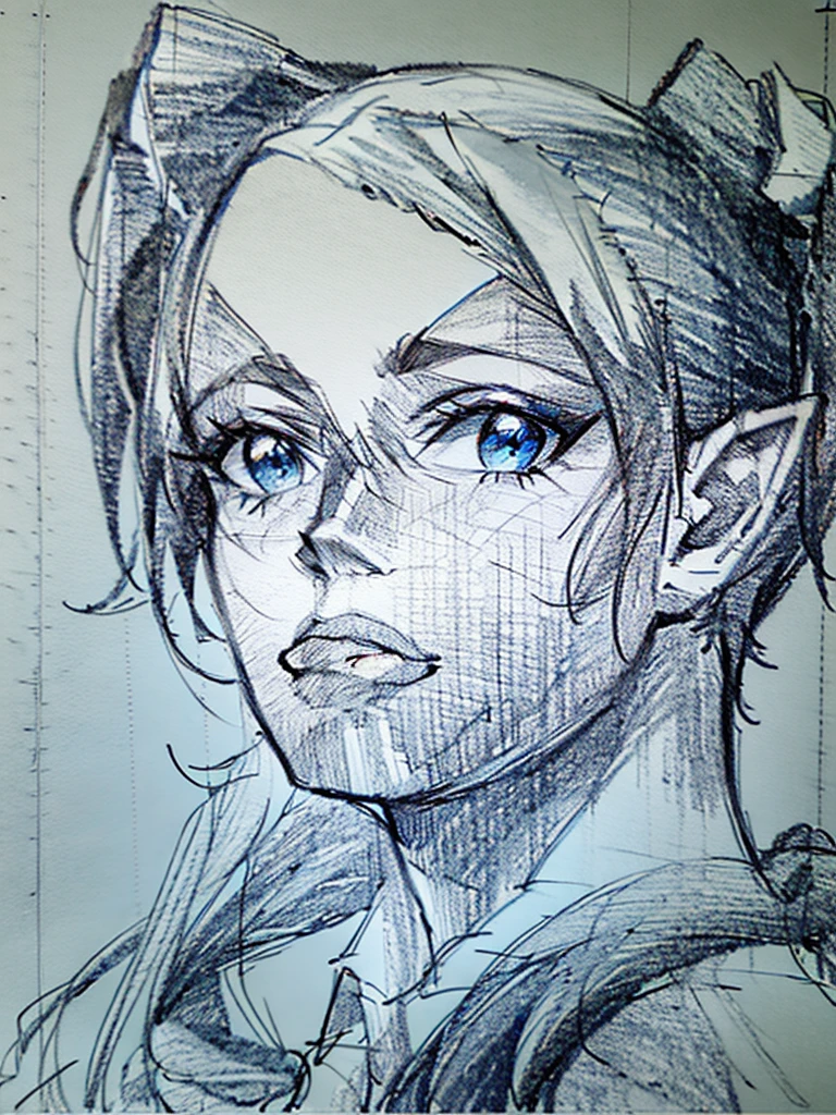 (blue pencil sketch:1.4), blue color, drawning, busty elf