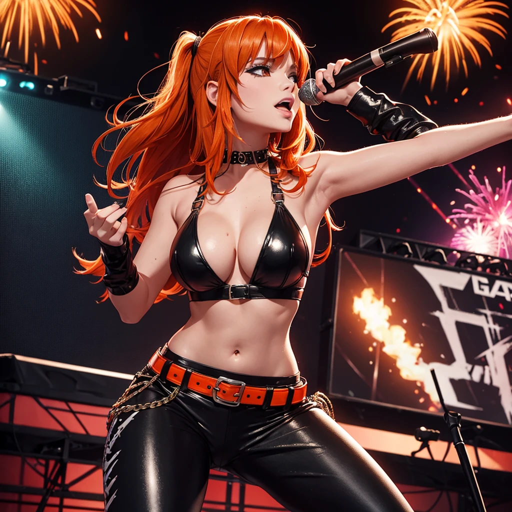 the girl lead singer of a heavy metal band, live show, in a sexy bikini, orange hair, big breasts, punk rock belt, black shiny leggings, lit stage and fireworks.