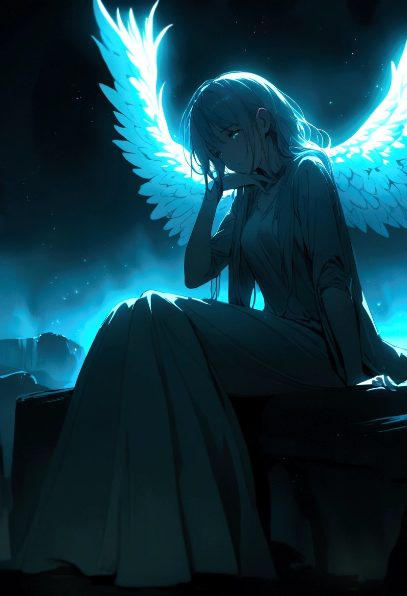 A woman with a fully glowing body and angel wings sitting in the dark crying
