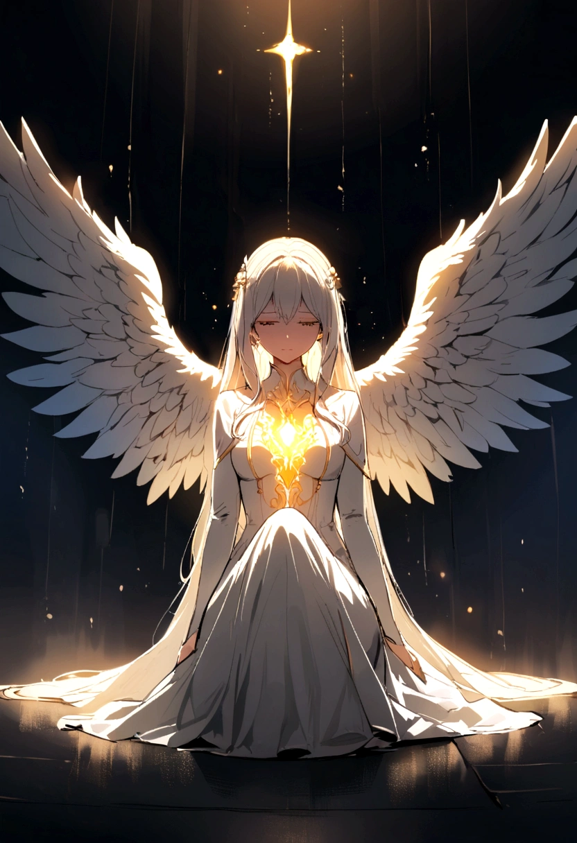 A woman with a fully glowing body and angel wings sitting in the dark crying 