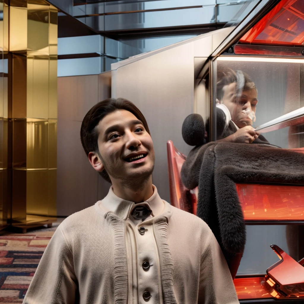A male protagonist looks up from the large floor-to-ceiling windows of a super-tall skyscraper,Seeing the colors of happiness outside, futuristic city,Many people have pets, Different luxury cars, there are different types of people, Live together, There is a male protagonist