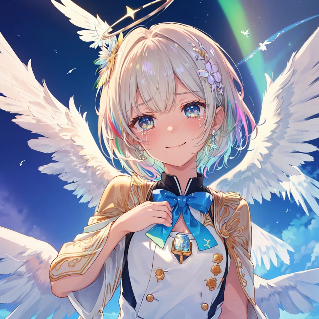 (((Extreme close-up tears smile Low - Angle Dove of peace Angel Halo))) ((輝くtears Rainbow Eyes Short Hair Receiving the light Rainbow light Place your hand on your chest Aurora Stretch your hand out towards me)) (Shining Edge Pillar of Light)