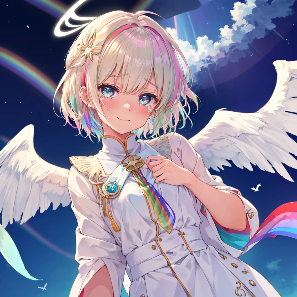 (((Extreme close-up tears smile Low - Angle Dove of peace Angel Halo))) ((輝くtears Rainbow Eyes Short Hair Receiving the light Rainbow light Place your hand on your chest Aurora Stretch your hand out towards me)) (Shining Edge Pillar of Light)