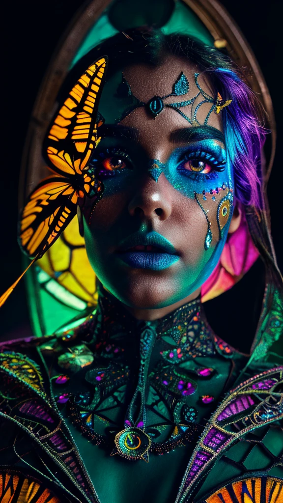 a colorful butterfly, intricate clockwork, glowing spider web, night light, 1girl, beautiful detailed eyes, beautiful detailed lips, extremely detailed face and eyes, long eyelashes, elegant dress, portrait, fantasy, vibrant colors, cinematic lighting, dramatic shadows, award winning digital art, masterpiece, ultra-detailed, 8k, photorealistic