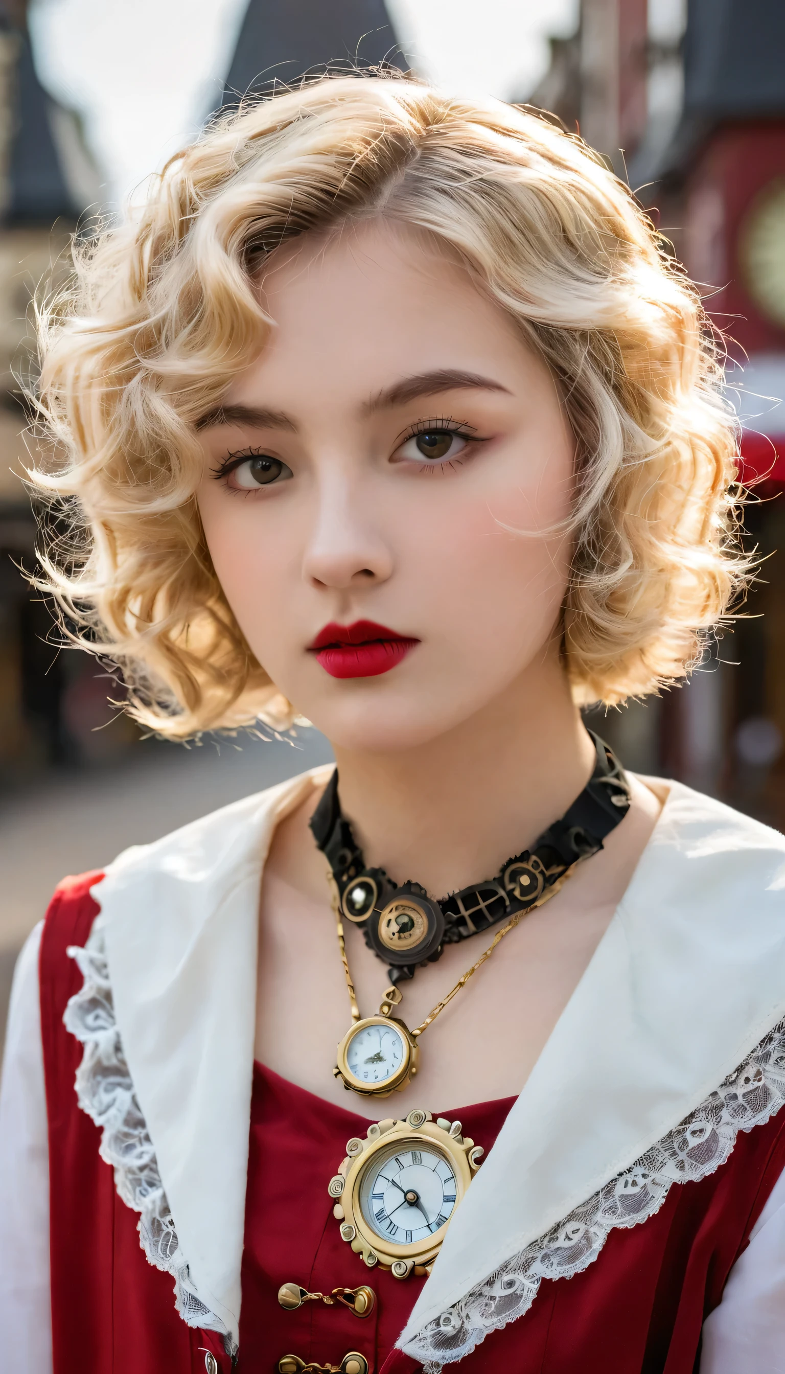 close up, Straight blond short curly hair red riding hood, Clock on necklace, (Victorian Era), ((Steampunk)), photography, Work, elegant, meticulous, Gorgeous, Maximum details, Extreme pursuit of aesthetics, Complex details, Lots of gears, Old town background