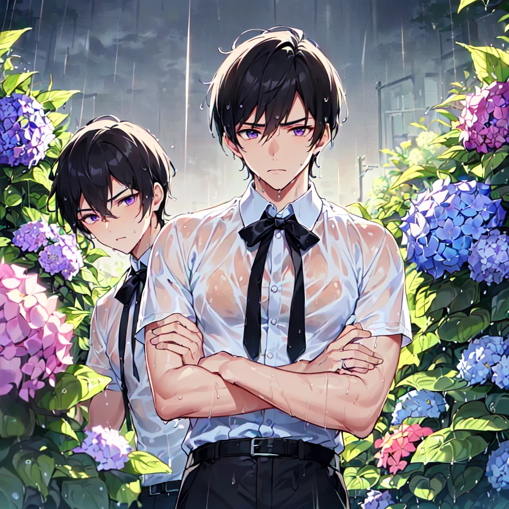 masterpiece,best quality,high quality,(2male austere handsome two people adult age 30: 1.5), purple eyes, cool with suspended eyes, V-shaped eyebrows, body strong and fearless 8.5 head tall, height 185 cm, (well-groomed short black hair down to neck: 1.4), (bangs split into seven thirds: 1.4), slender nose, facial muscles, throat, (wet shirt and black trousers: 1.3), (hand on face), (standing), (stylish pose), (melancholy expression: 1.3), (background hydrangea garden: 1.3), (night rain: 1.3), (upper body:1.3)