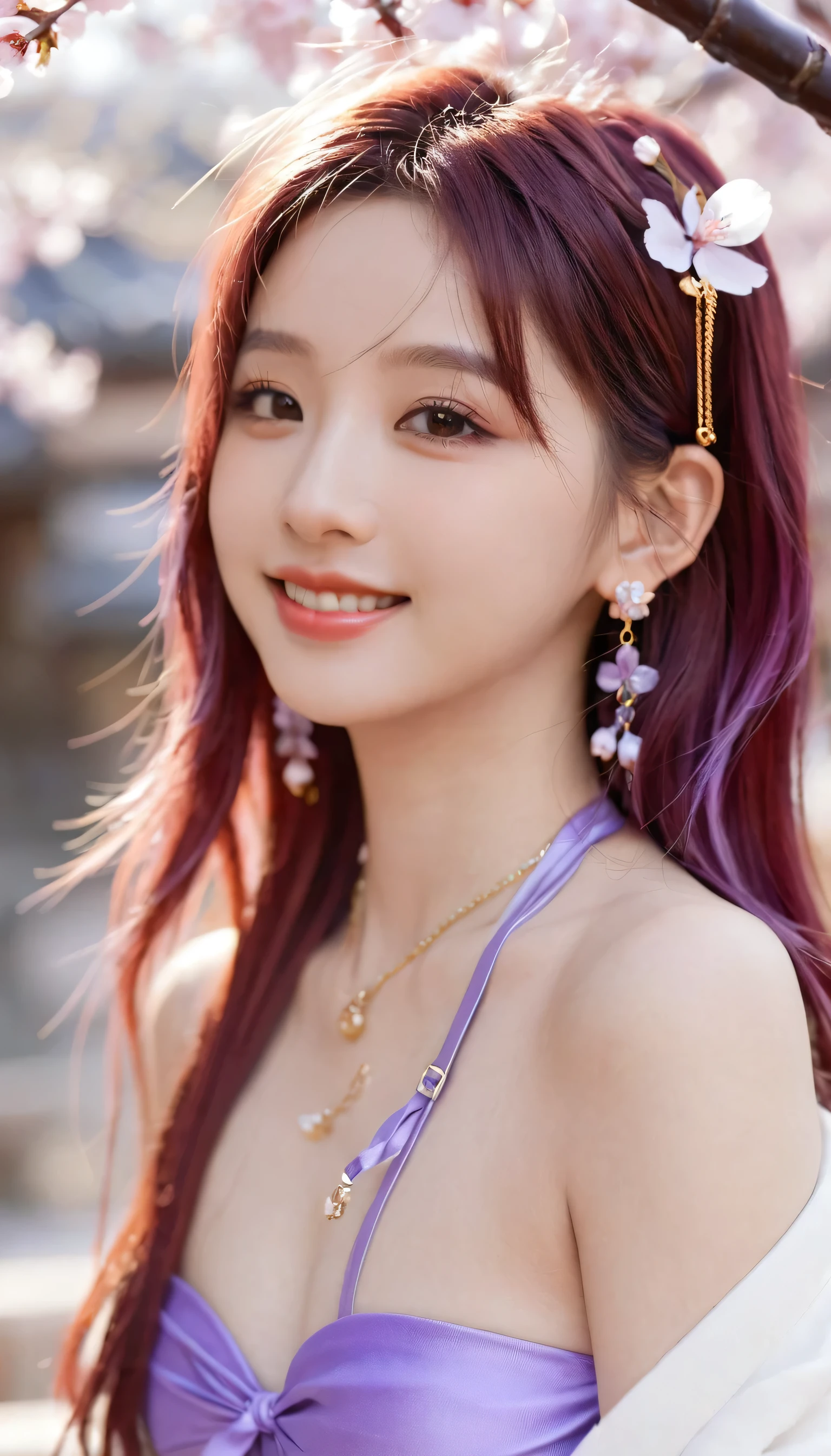 1girl, (ulzzang-6500:0.7), kpop idol, yae miko, bikini, detached sleeves, bare shoulders, pink hair, long hair, bikini, best quality, (painting:1.5), (hair ornament:1.35), jewelry, purple eyes, earrings, breasts, torii, cherry blossoms, lantern light, depth of field, detailed face, face focus, ribbon_trim, (looking at viewer:1.25), nontraditional miko, shiny skin, long sleeves, smile, thick lips, game cg, hands on lips, east asian architecture, (blurry background:1.2), sitting, upper body, bikini