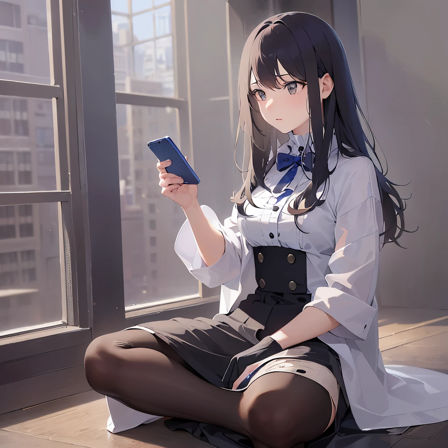 (talking on the smartphone:1.5),(handling_smart_phone, smart_phone:1.2)、(looking away:1.5), Realistic, real person, (pale skin: 1.2), RAW photo, photorealistic, shiny skin, shiny hair、(A 35-year-old woman with medium-length hair and bangs) and (wavy hair) and (brown hair) and (Orange Eyes) , Serious expression、alone,The background is the room、Sitting