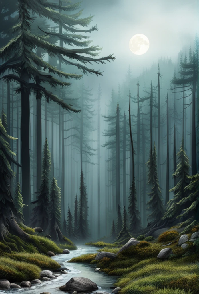 Create a fantasy image of a wooded tundra without humans