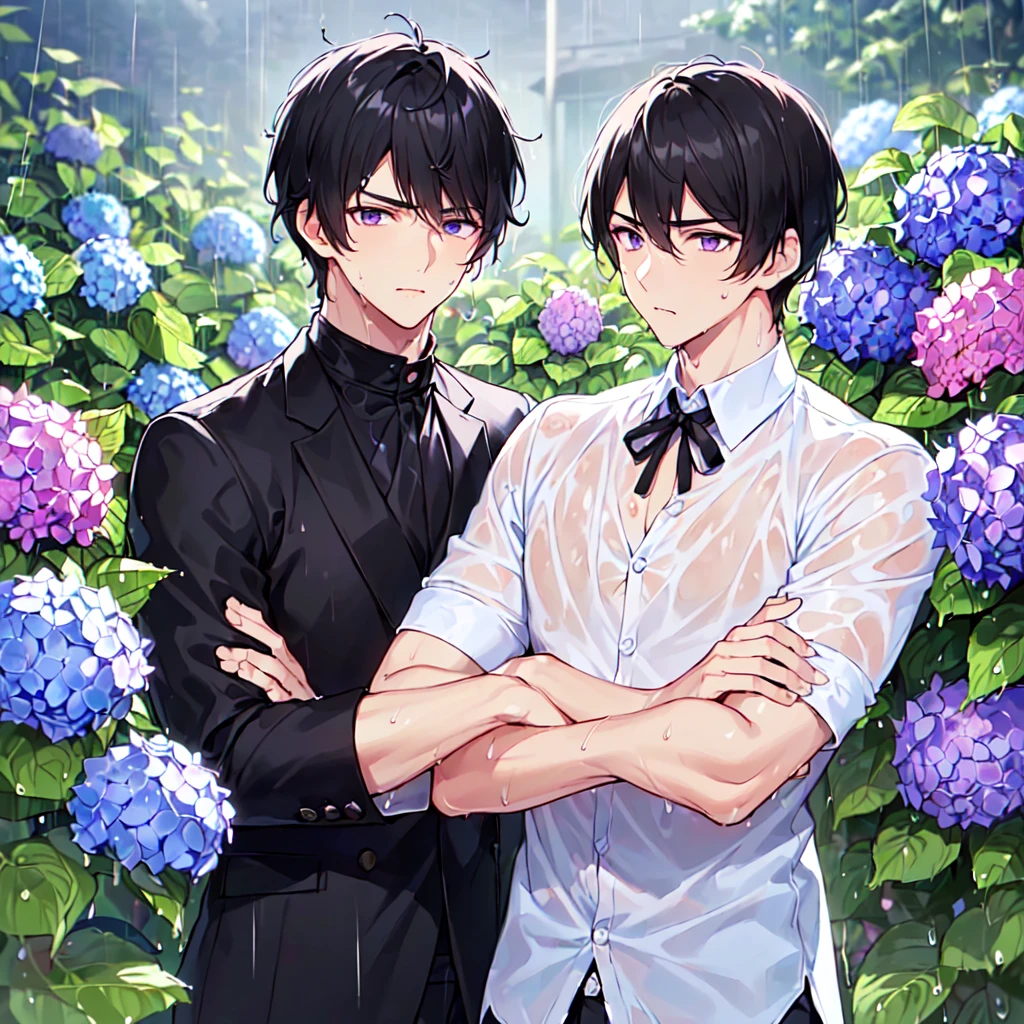 masterpiece,best quality,high quality,(2male austere handsome two people adult age 30: 1.5), purple eyes, cool with suspended eyes, V-shaped eyebrows, body strong and fearless 8.5 head tall, height 185 cm, (well-groomed short black hair down to neck: 1.4), (bangs split into seven thirds: 1.4), slender nose, facial muscles, throat, (wet shirt and black trousers: 1.3), (hand on face), (standing), (stylish pose), (melancholy expression: 1.3), (background hydrangea garden: 1.3), (night rain: 1.3), (upper body:1.3)