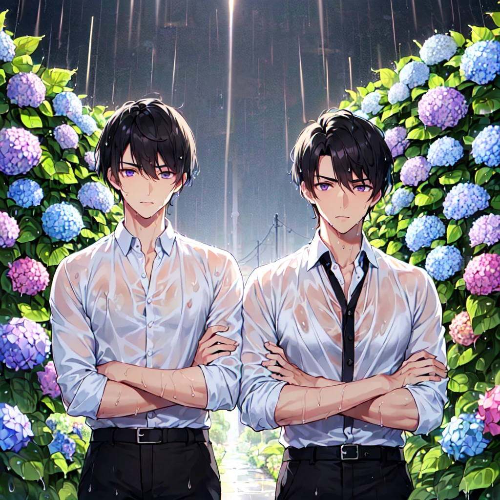 masterpiece,best quality,high quality,(2male austere handsome two people adult age 30: 1.5), purple eyes, cool with suspended eyes, V-shaped eyebrows, body strong and fearless 8.5 head tall, height 185 cm, (well-groomed short black hair down to neck: 1.4), (bangs split into seven thirds: 1.4), slender nose, facial muscles, throat, (wet shirt and black trousers: 1.3), (hand on face), (standing), (stylish pose), (melancholy expression: 1.3), (background hydrangea garden: 1.3), (night rain: 1.3), (upper body:1.3)