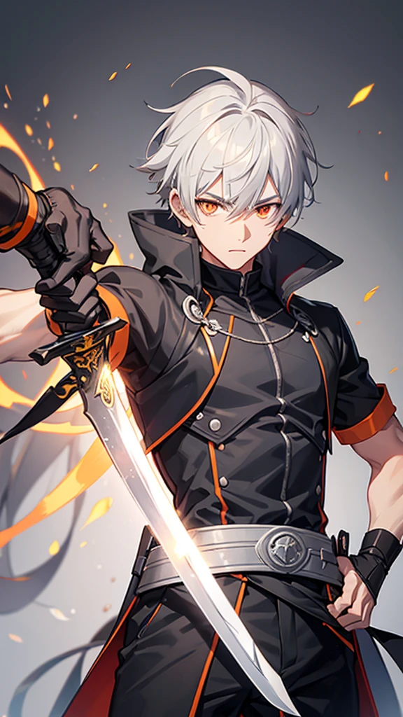 Male character with gray hair and orange eyes with sword