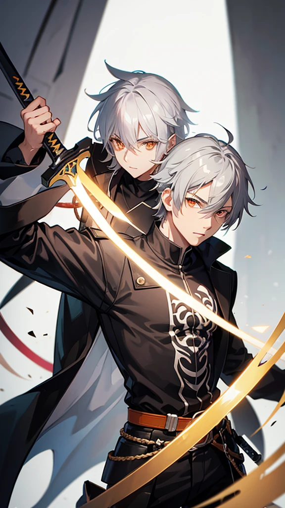 Male character with gray hair and orange eyes with sword 