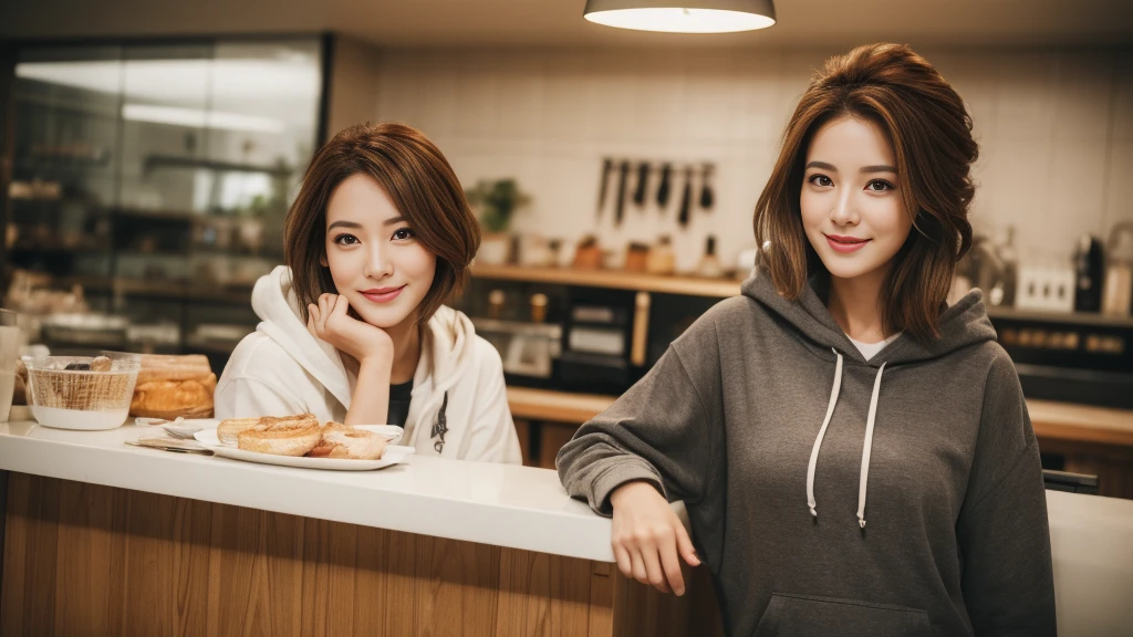 super high quality, Fashion Model, smile, The staff is working at the counter in the back.., (8K、RAW Photos、Highest quality、masterpiece:1.2), Brown Hair, Stylish cafe, Fashion magazine shooting, (Realistic、Realistic:1.37), Beautiful Face , Mesh Hair, Urban Cafe, Golden Ratio, A gentle gaze, Spring Clothes, good looking, Super cool S-class guy, Muscular, good looking, Ruth Palmer, wild, Beautiful hairstyle, sexy, hoodie,