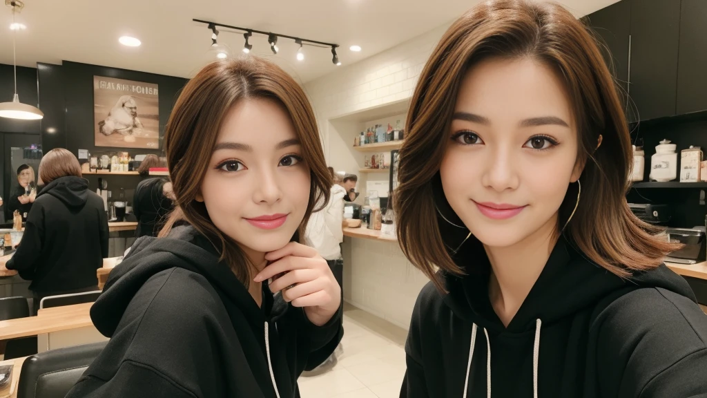 super high quality, Fashion Model, smile, The staff is working at the counter in the back.., (8K、RAW Photos、Highest quality、masterpiece:1.2), Brown Hair, Stylish cafe, Fashion magazine shooting, (Realistic、Realistic:1.37), Beautiful Face , Mesh Hair, Urban Cafe, Golden Ratio, A gentle gaze, Spring Clothes, good looking, Super cool S-class guy, Muscular, good looking, Ruth Palmer, wild, Beautiful hairstyle, sexy, hoodie,
