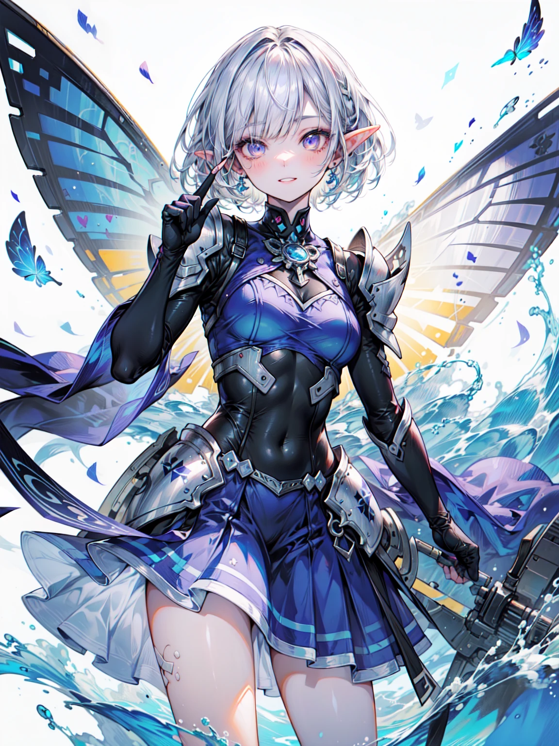 [(White Background:1.5)=5], (Bottle bottom:0.9), 1 Elf girl, Medium Shot, Cowboy Shot、（armor Wing, Mecha legs, armor),((Short white hair)), Asymmetrical bangs, Rich facial and eye details, Perfect Lips, butterfly, Floating Petals, Stone fragments, Beautiful and delicate water, cloud, sun, evening, sunset, beautiful detailed cloud, Ocean, Wave, splash, dramatic, Cinema Lighting, detailedな表現, Fine details, Fantasy art, shape, masterpiece, The art of math, , Yusuke Murata&#39;style. Blake、非常にdetailed (Dark Elf), (1 Girl), alone, Perfect Face, detailed, Ahoge, ((Long Hair:1.2)), (Hair above one eye:1.3), [[Messy Hair]], Shiny blonde white hair, Purple eyes, Variegated eyes, Colorful Hair, Shining Eyes, Bright Eyes, Face imprint, (eyelash, eye shadow, pink eye shadow), smile, Design Art：haruhiko mikimoto, by Kawashi, By Yoshitaka Amano, break、((Perfect Anatomy)), Nice body, Medium Chest, (非常にdetailed指), Best Hand, Perfect Face, Beautiful Face, Beautiful Eyes, Perfect Eyes, (Perfect Fingers), Correct Anatomy