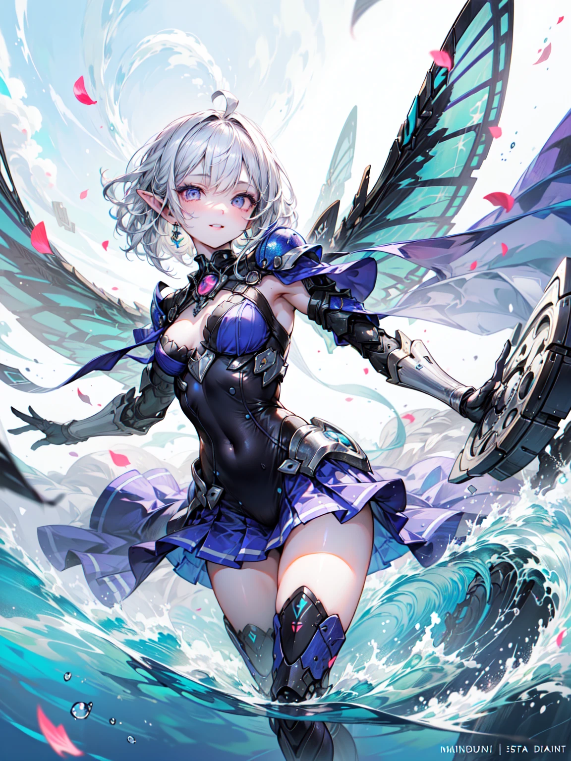 [(White Background:1.5)=5], (Bottle bottom:0.9), 1 Elf girl, Medium Shot, Cowboy Shot、（armor Wing, Mecha legs, armor),((Short white hair)), Asymmetrical bangs, Rich facial and eye details, Perfect Lips, butterfly, Floating Petals, Stone fragments, Beautiful and delicate water, cloud, sun, evening, sunset, beautiful detailed cloud, Ocean, Wave, splash, dramatic, Cinema Lighting, detailedな表現, Fine details, Fantasy art, shape, masterpiece, The art of math, , Yusuke Murata&#39;style. Blake、非常にdetailed (Dark Elf), (1 Girl), alone, Perfect Face, detailed, Ahoge, ((Long Hair:1.2)), (Hair above one eye:1.3), [[Messy Hair]], Shiny blonde white hair, Purple eyes, Variegated eyes, Colorful Hair, Shining Eyes, Bright Eyes, Face imprint, (eyelash, eye shadow, pink eye shadow), smile, Design Art：haruhiko mikimoto, by Kawashi, By Yoshitaka Amano, break、((Perfect Anatomy)), Nice body, Medium Chest, (非常にdetailed指), Best Hand, Perfect Face, Beautiful Face, Beautiful Eyes, Perfect Eyes, (Perfect Fingers), Correct Anatomy